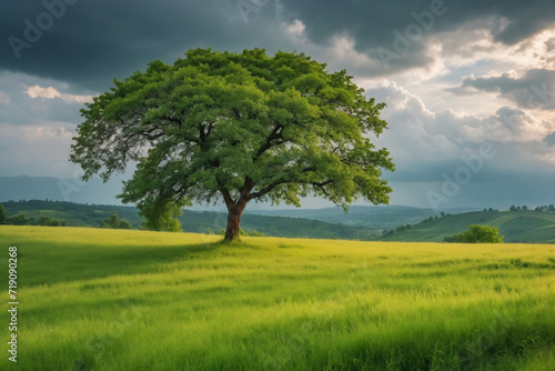 Lush meadow on hill with tree under cloudy sky © Giuseppe Cammino