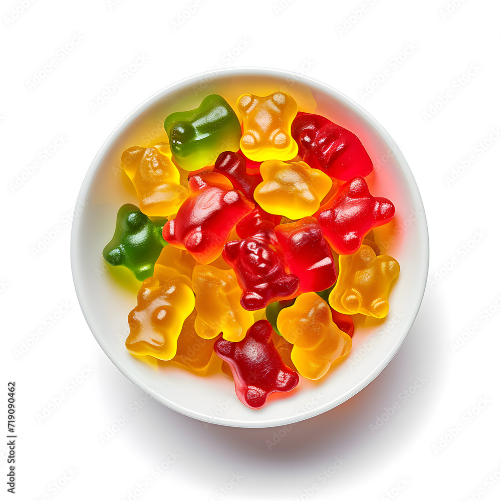 Sweet gummy bears in different colors on plate top view isolated on white background