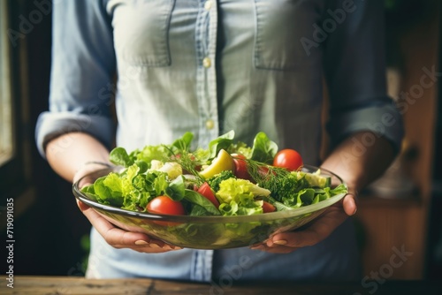 Hands of woman holding healthy diet salad bowl in kitchen at home