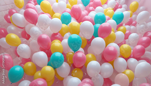 Colorful balloons fill empty wall in abstract party background.