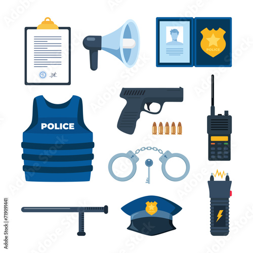 Police professional equipment for pursue and capture a criminal. Handcuffs, bulletproof vest, stun gun, pistol gun, truncheon, police badge, car. Vector illustration.