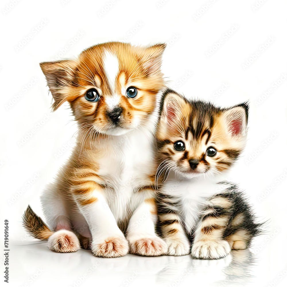 Obraz premium Kitten and puppy are best friends. Universal neutral design for children on a light background.