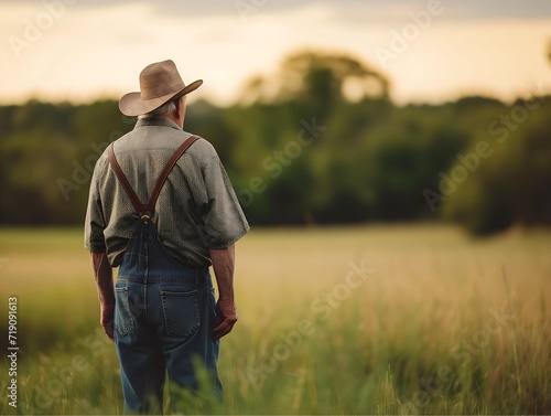 Portrait of a senior farmer standing in a wheat field at sunset © LestariFajrin