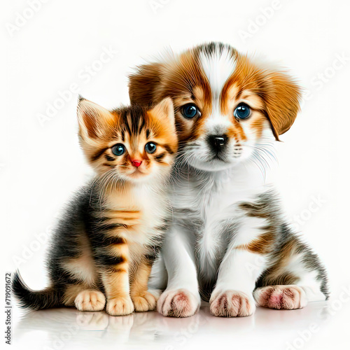 Kitten and puppy are best friends. Universal neutral design for children on a light background.