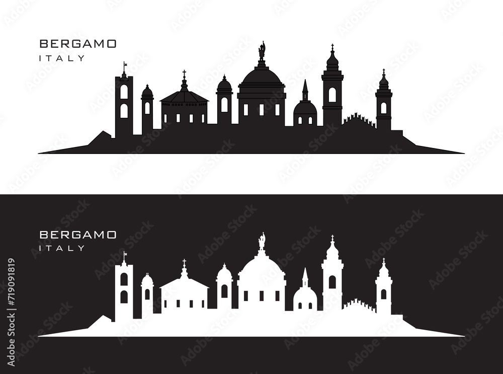 Bergamo Italy skyline on black or white background in vector file. Writing of the name of the city.
