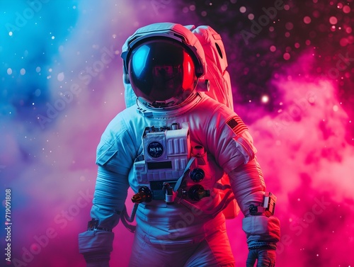 Astronaut in spacesuit standing against colorful background with smoke. photo