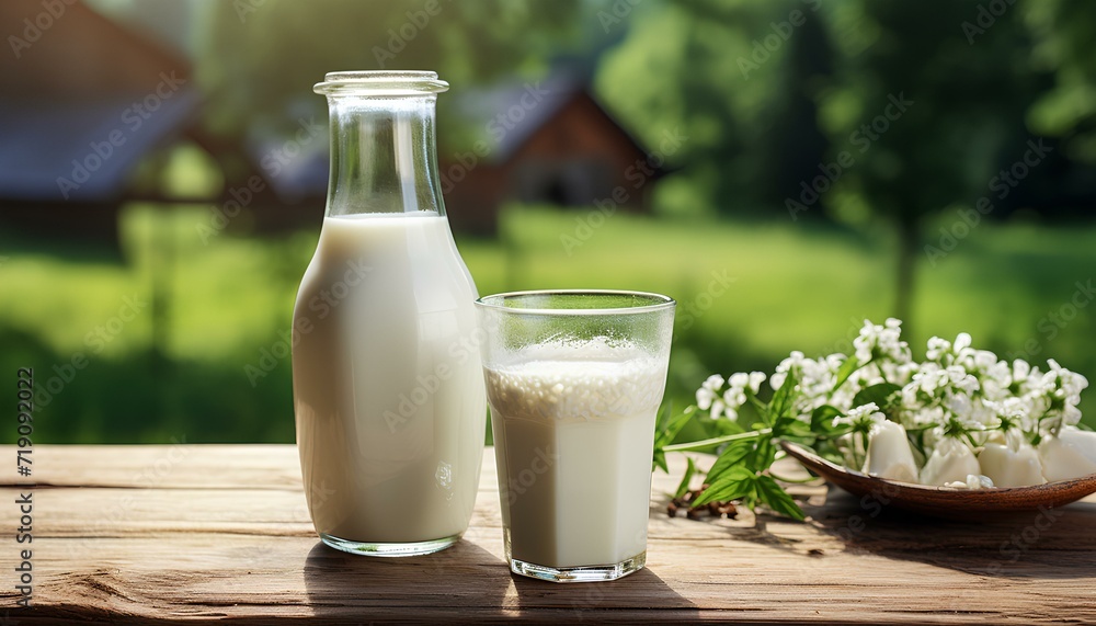 glass of milk on a wooden table in nature during spring and summer time. milk in a glass bottle displayed outside in the sun. Kefir. Vegetable milk. Cow milk. Glass of milk still glass of milk on a wooden table in nature during spring and summer time. milk in a glass bottle displayed outside in the sun. Kefir. Vegetable milk. Cow milk. Glass of milk still