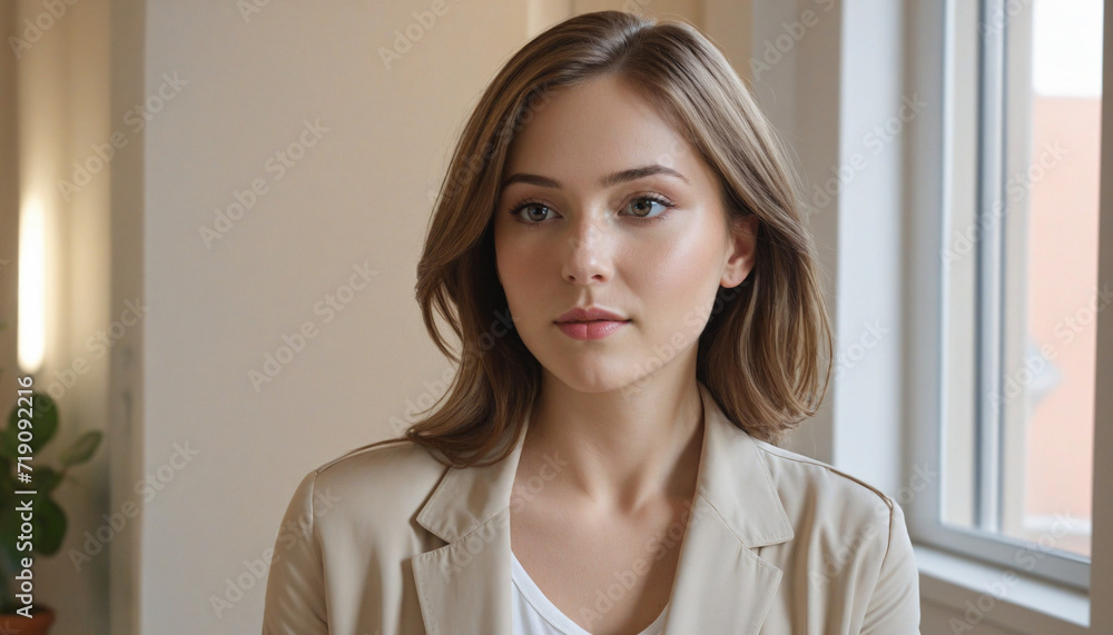 Contemplative young woman with brown hair gazing thoughtfully away indoors Contemplative young woman with brown hair gazing thoughtfully away indoors