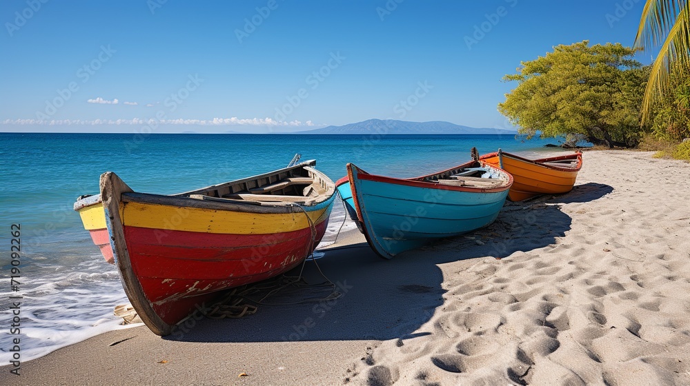 Trees inside the sea with plenty of wooden fishing boats around inside the lake on a cloudy blue sky.