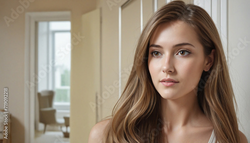 Contemplative young woman with brown hair gazing thoughtfully away indoors