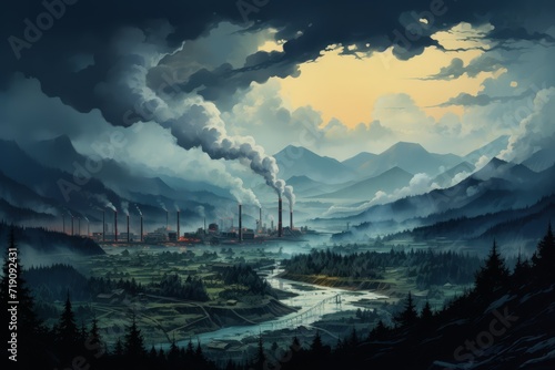 cartoon industrial landscape with smoke, forests and mountains