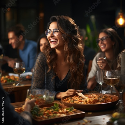 Night view photo of a wooden table with a happy and smiling businesswoman enjoying more food items generative AI © Fanni Art