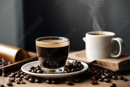 Concept photo shoot of close-up espresso with coffee beans