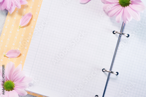 Blank sheet in notebook with text space. Top view