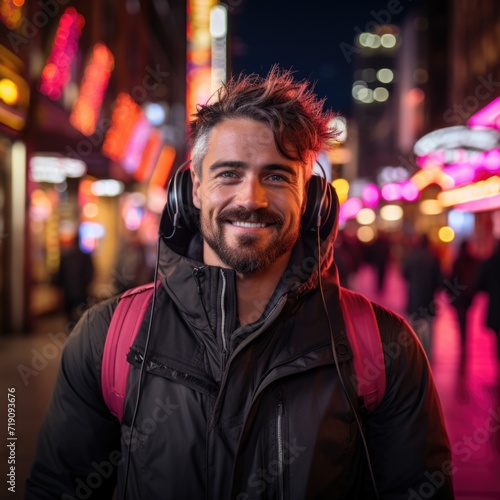Portrait of Handsome Man Wearing Headphones Walking Through Night City Street Full of Neon Light. Smiling Stylish Man Listening to Music, Enjoying Podcast Generative AI