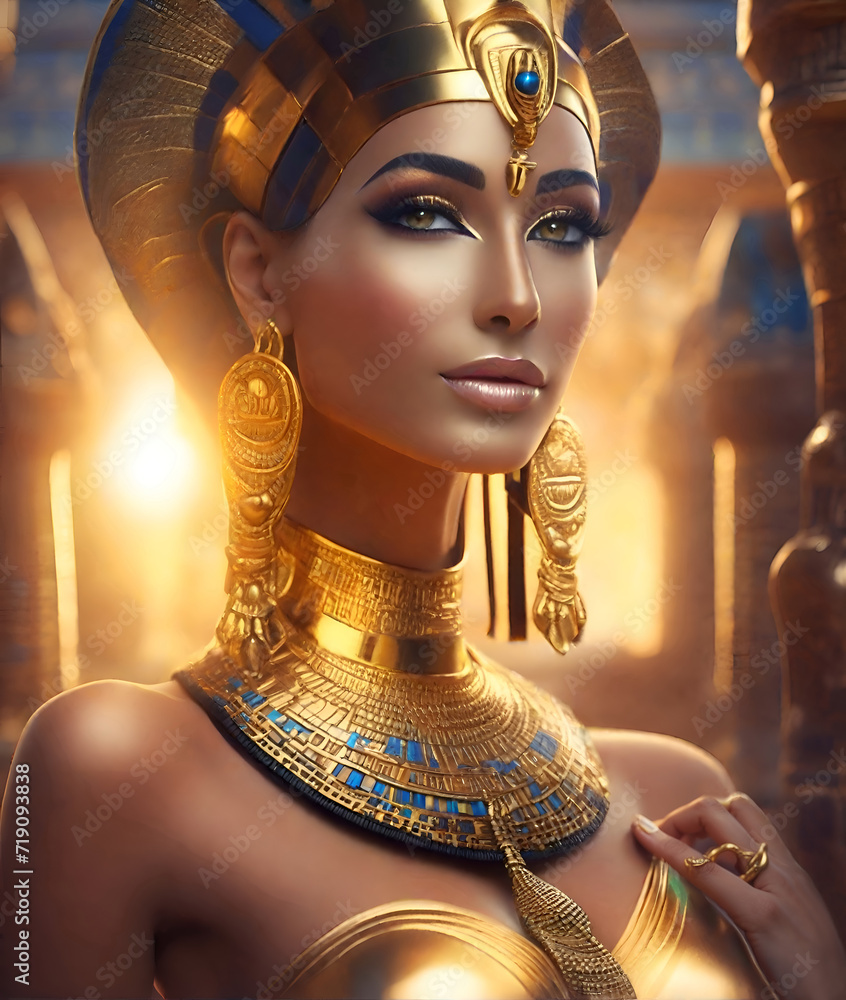 Hathor egyption goddess portrait in presious headdress and necklace ...