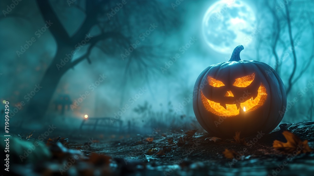 Naklejka premium Spooky Halloween Pumpkin in Moonlit Night,A carved Halloween pumpkin glows ominously under a full moon amidst a misty, eerie autumn night.