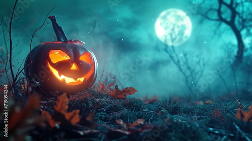 Spooky Halloween Pumpkin in Moonlit Night,A carved Halloween pumpkin glows ominously under a full moon amidst a misty, eerie autumn night. © Rudsaphon