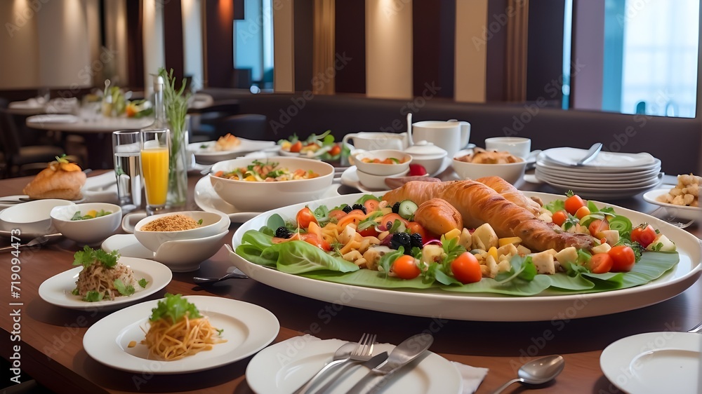 Food and drinks on the table in hotel table with food and drinks chicken and salad in dishes Food and drinks on the table in hotel table with food and drinks chicken and salad in dishes
