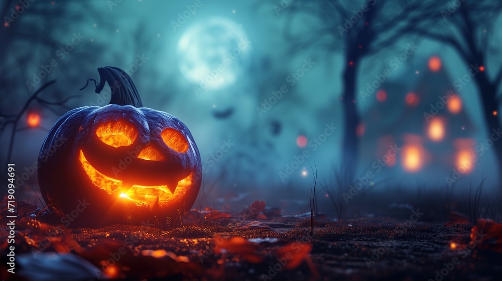 Spooky Halloween Pumpkin in Moonlit Night,A carved Halloween pumpkin glows ominously under a full moon amidst a misty, eerie autumn night. Spooky Halloween Pumpkin in Moonlit Night,A carved Halloween pumpkin glows ominously under a full moon amidst a misty, eerie autumn night.