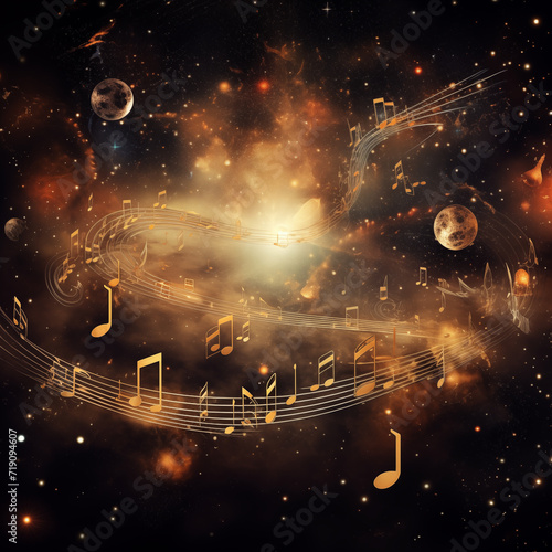 Illustration of golden color abstraction of musical notes and musical key on a black background with a beautiful round golden bokeh. AI generated