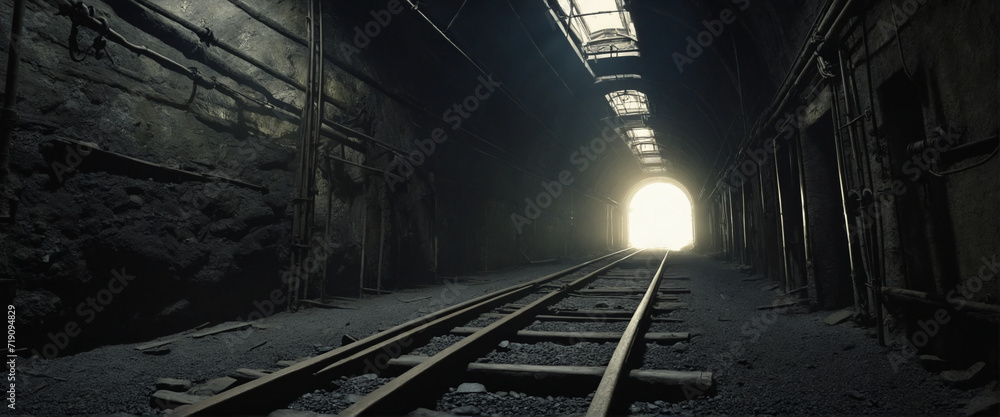 Obraz premium Exploring a deserted underground mine. Dimly lit tunnel with ancient trolley rails. Handcrafted generative art experience.