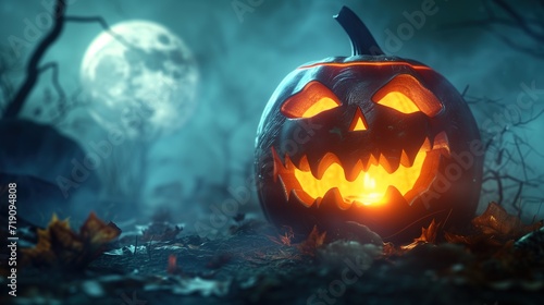 Spooky Halloween Pumpkin in Moonlit Night,A carved Halloween pumpkin glows ominously under a full moon amidst a misty, eerie autumn night. © Rudsaphon