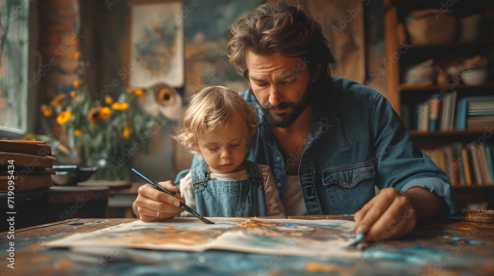 Father Teaching Child to Paint, Artistic Family Bonding, Creative Painting Session at Home
