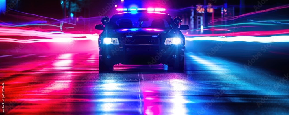 Strobe lights of police car at night