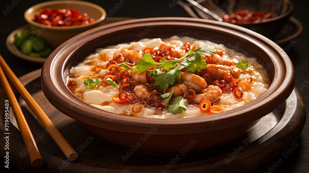 Traditional Thai porridge rice gruel and shrimp