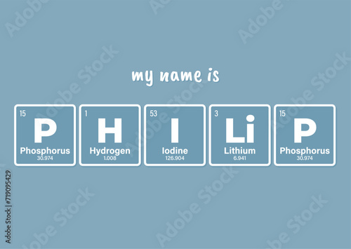 Vector inscription name PHILiP composed of individual elements of the periodic table. Text: My name is. Blue background photo