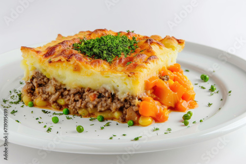 A Sheperd's pie, artfully arranged and isolated on a white backdrop