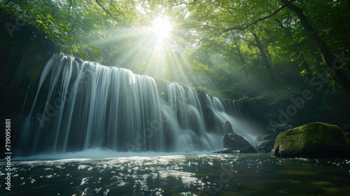A majestic waterfall in the middle of a serene forest with brilliant sunlight creates a mystical aura