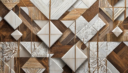 background.A modern 3D wallpaper featuring an imitation of a decorative mosaic, skillfully combining white and brown details with wooden decor elements, resulting in a contemporary and inviting visual photo