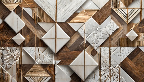 background.A modern 3D wallpaper featuring an imitation of a decorative mosaic, skillfully combining white and brown details with wooden decor elements, resulting in a contemporary and inviting visual