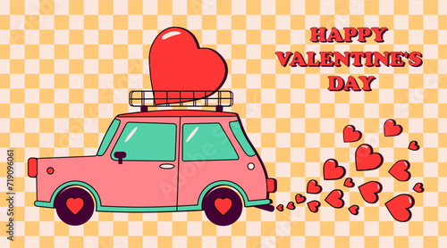 Happy Valentine's Day in retro style. Funny cartoon car on a checkered background. Car with heart on top of trunk and hearts coming out of the exhaust pipe. Love and romance. Vector.