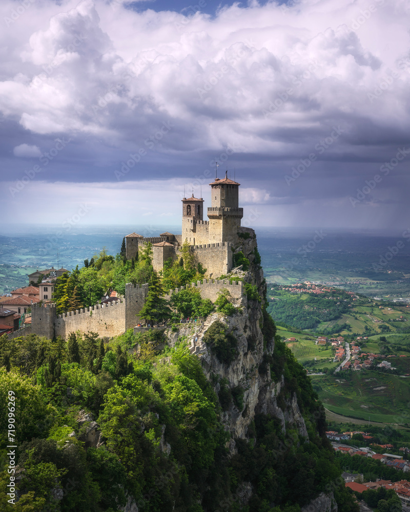 San Marino, Guaita tower on the Titano mount and view of Romagna