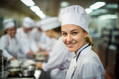 Generative ai image of young female baker chef standing at workplace on kitchen