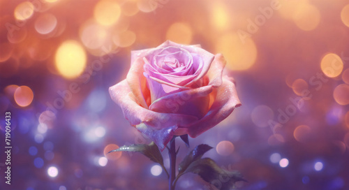 a single pink rose is in the foreground with boke of light in the background and a blurry background, generative ai