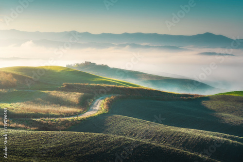 Foggy morning landscape in Volterra. Tuscany, Italy