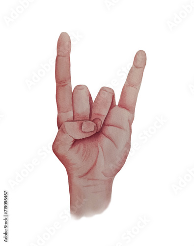 Watercolor cool hand sign. Rock and Roll gesture icon. Two fingers raised up.