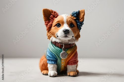 A dog figure made of clay and colorfully painted on white background