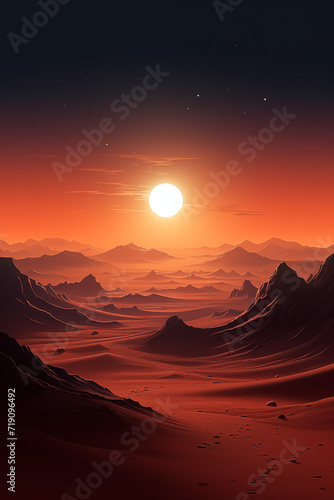 Mountain and Desert Sunset with Vibrant Sky and Silhouetted Landscape in Warm Orange and Red Hues