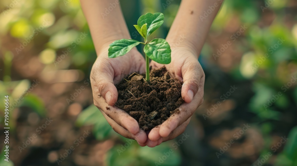 Hands holds small green plant seedling, sustainability concept Hands holds small green plant seedling, sustainability concept