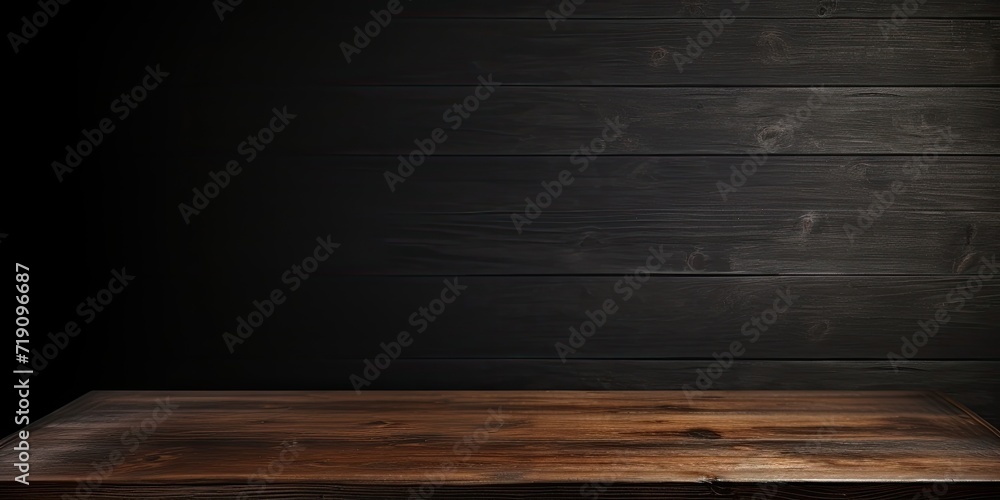 Dark wooden tabletop on black background, suitable for displaying or showcasing your products. Dark wooden tabletop on black background, suitable for displaying or showcasing your products.