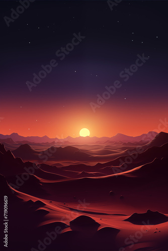 Mountain and Desert Sunset with Vibrant Sky and Silhouetted Landscape in Warm Orange and Red Hues