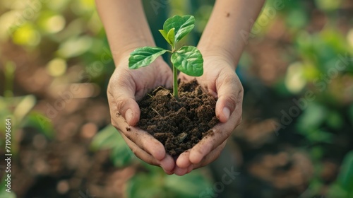 Hands holds small green plant seedling, sustainability concept