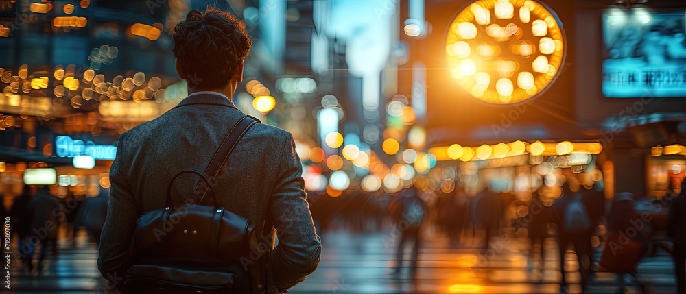 A man walking at night through a brightened city in a suit and backpack - obrazy, fototapety, plakaty 