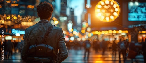 A man walking at night through a brightened city in a suit and backpack photo
