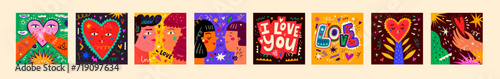 Creative vector illustration for theme of love. Valentines Day illustrations. Collection of 8 bright funny cards with hearts and people for Valentines Day